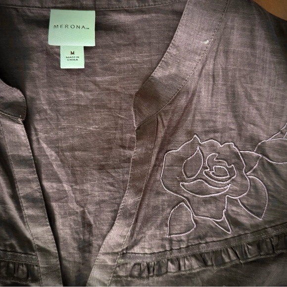 Merona Brown Floral Embroidered Short Sleeve Button Up Shirt - Picture 4 of 5